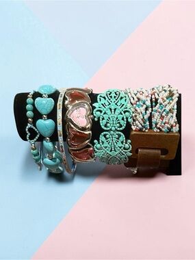 Boho Turquoise Bracelet Stack Set Western Heart Filigree Seed Bead Mixed Media